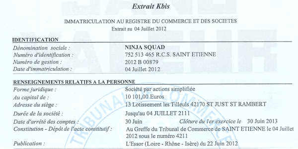 Extrait KBis Ninja Squad